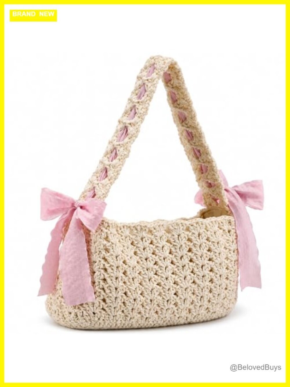 Crochet Bow Shoulder Bag with Magnetic Clasp and Zipper